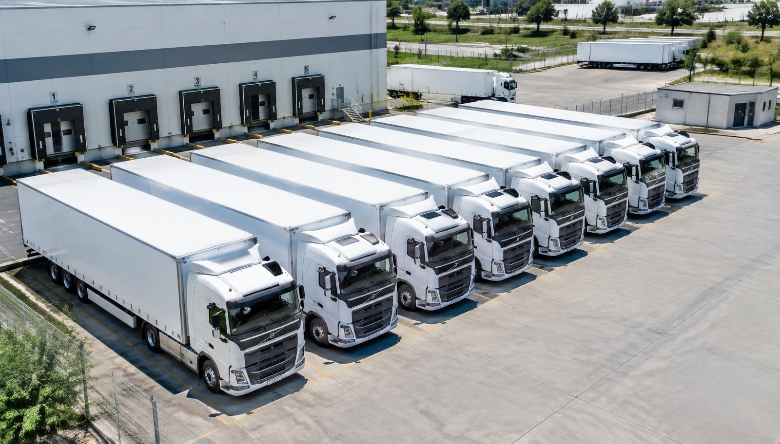 Fuhrpark mit LKW an einer Logistikhalle